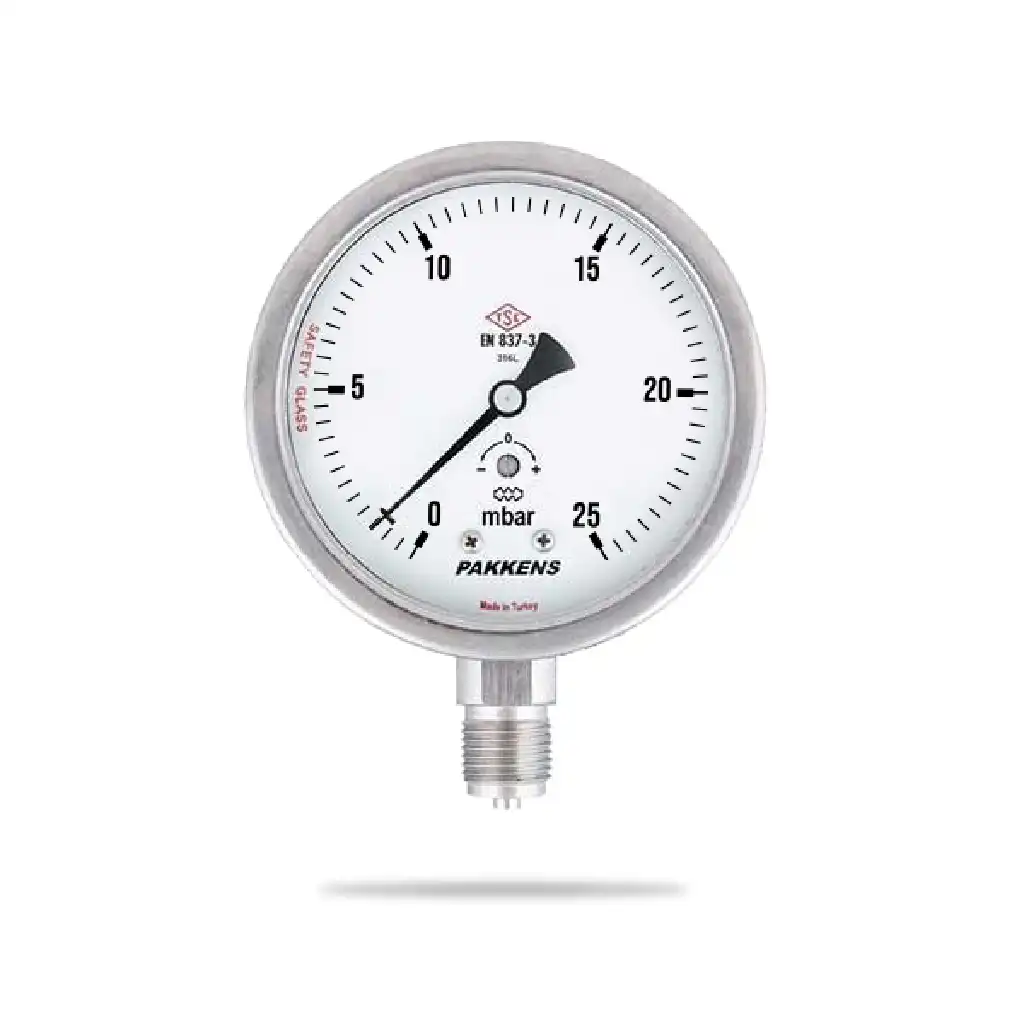 manometrი-gazis PAKKENS მანომეტრი გაზის Ø63 / 0-100Mbar / CL.1,6 , 1/4" ქვედა მიერთებით - Image 1
