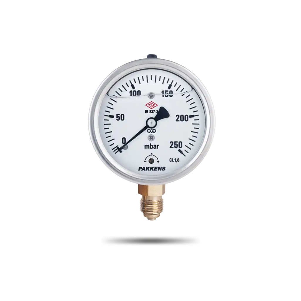 manometri-gazis PAKKENS მანომეტრი ვაკუუმური Ø100 / -760-0 mmhg / CL.2,5 , 1/2" , ქვედა მიერთებით - Image 1